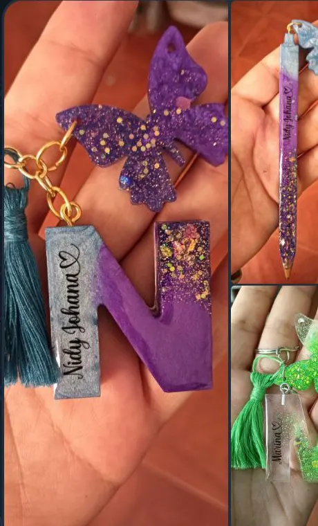 Llavero de mariposa y lapiceros de resina